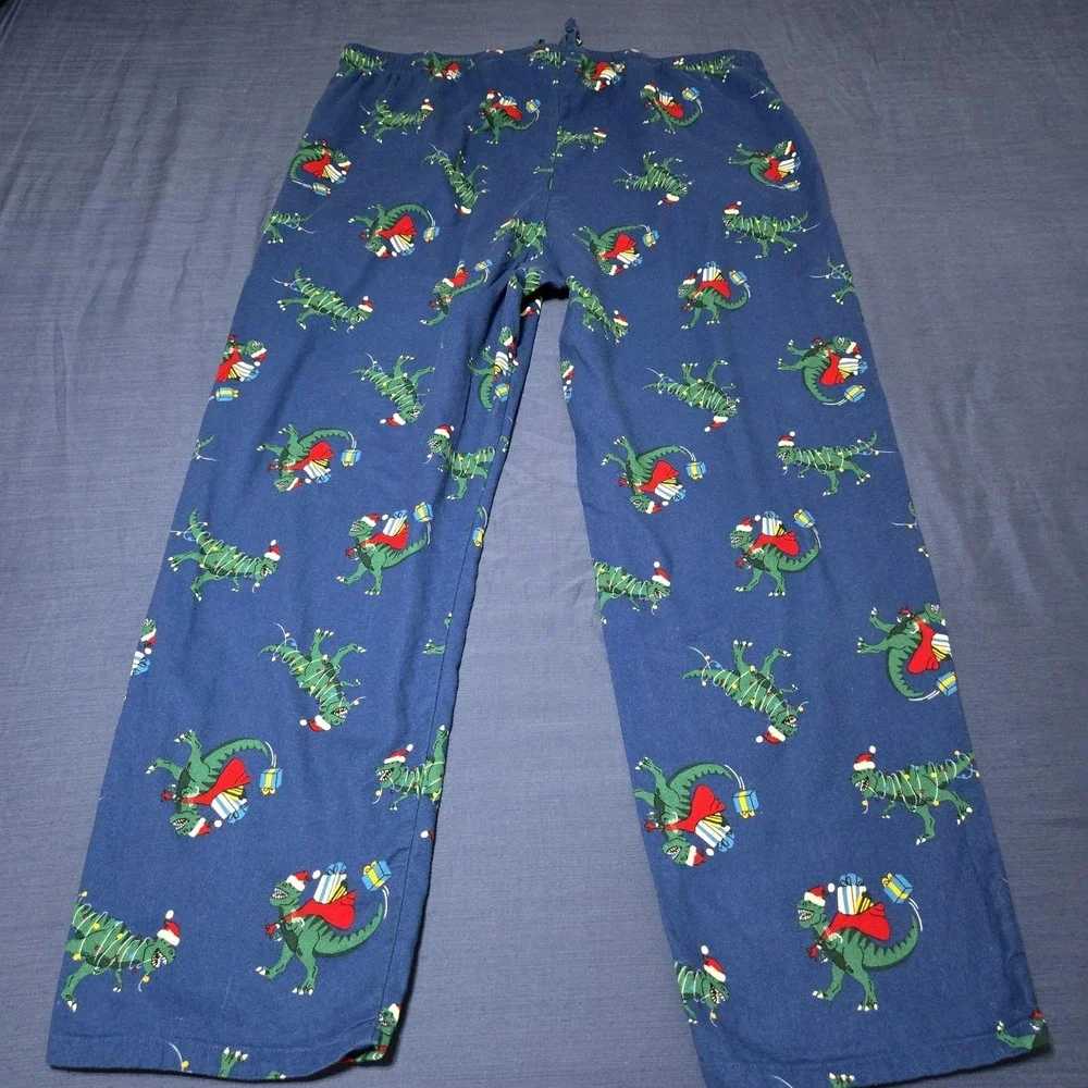 Old Navy Pajama Pants Mens 2XL Blue Flannel Dinosaur Christmas Print Lounge